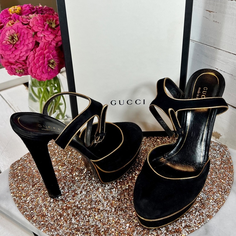 Gucci Black Suede w/ Gold Piping Huston Ankle Strap Platform Pumps